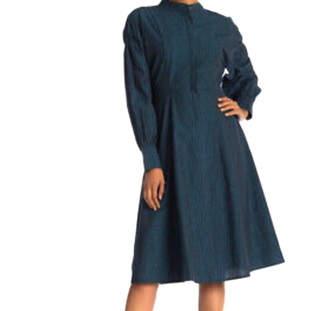 WALTER BAKER Women's Dress 6 Teal Stripe Charlotte Cotton Long Sleeve